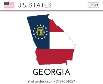 Georgia USA state map shape with flag. Map of Georgia in the Georgia flag colors. Outline map filled with its flag colors. Vector illustration.