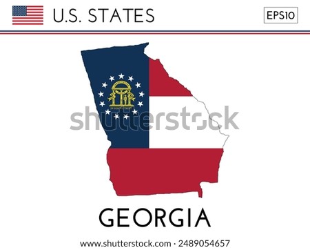 Georgia USA state map shape with flag. Map of Georgia in the Georgia flag colors. Outline map filled with its flag colors. Vector illustration.