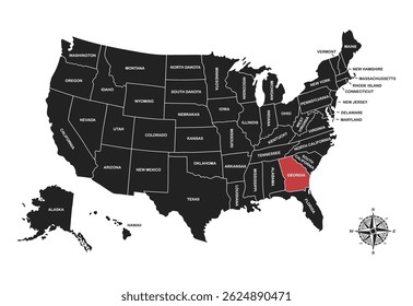 Georgia, EE.UU., mapa de Vector aislado en el mapa de Estados Unidos. Mapa de Vector en blanco editable de EE.UU.