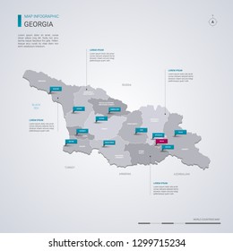 Georgia vector map with infographic elements, pointer marks. Editable template with regions, cities and capital Tbilisi. 