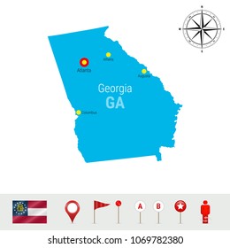 Georgia Vector Map Isolated on White Background. High Detailed Silhouette of Georgia State. Vector Flag of Georgia. 3D Map Markers or Pointers, Navigation Elements. Rose of Wind or Compass Icon