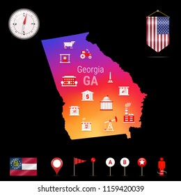 Georgia Vector Map, Night View. Compass Icon, Map Navigation Elements. Pennant Flag of the United States. Vector Flag of Georgia. Various Industries, Economic Geography Icons.
