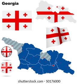 Georgia vector set. Detailed country shape with region borders, flags and icons isolated on white background.