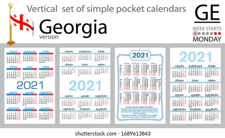 Conjunto vertical de calendarios de bolsillo de Georgia para 2021 (dos mil veintiún). La semana empieza el lunes. Año nuevo. Diseño sencillo en color. Vector