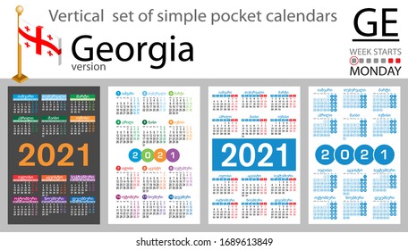 Georgia vertical set of pocket calendars for 2021 (two thousand twenty one). Week starts Monday. New year. Color simple design. Vector