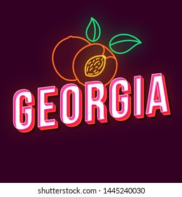 Georgia vintage 3d vector lettering. Retro bold font, typeface. Pop art stylized text. Old school style neon light letters. 90s, 80s poster, banner design. Red wine color background with peaches