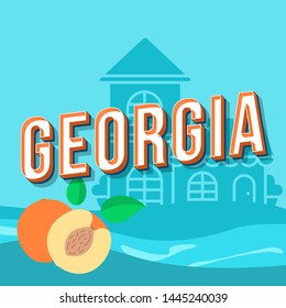 Georgia vintage 3d vector lettering. Retro bold font, typeface. Pop art stylized text. Old school style letters. 90s, 80s poster, banner. Peaches and country house baby blue color background