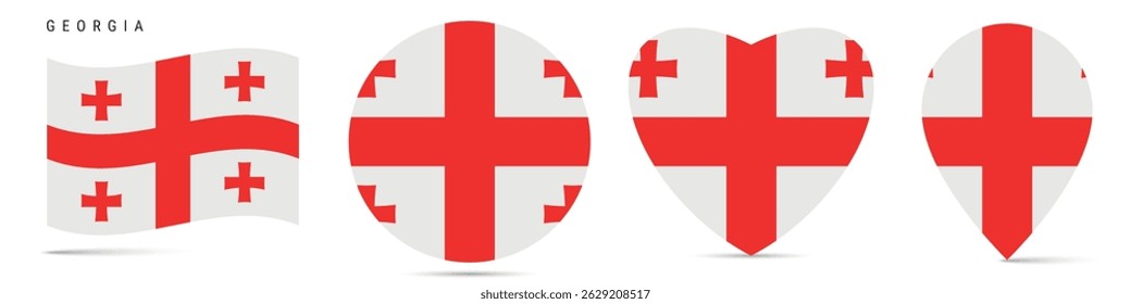 Georgia waving flag, round circle sticker badge, heart shaped icon, map pin. Georgian flag buttons of different shapes. Vector illustration isolated on white.