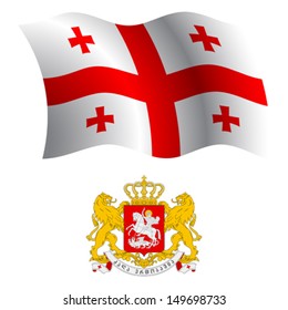 georgia wavy flag and coat of arms against white background, vector art illustration, image contains transparency