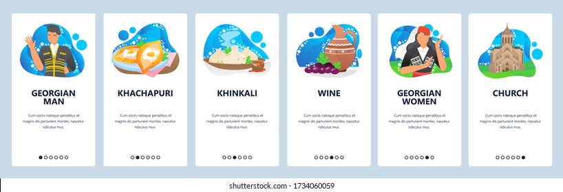Georgien Website und mobile App auf Internatsbildschirmen. Menu-Banner-Vektorvorlage für die Website und Anwendungsentwicklung. Khinkali Khachapuri Wein. Historische Wahrzeichen, traditionelle Kleidung in Georgien.