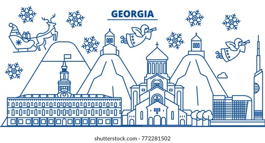 Georgia winter city skyline. Merry Christmas, Happy New Year decorated banner with Santa Claus.Winter greeting line card.Flat, outline vector.Linear christmas snow illustration
