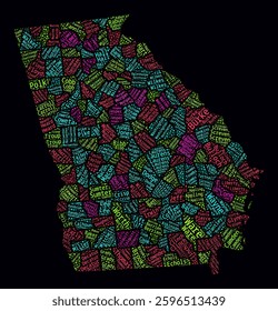 Georgia Word Cloud. Bright neon style design on dark background. Region names text cloud. Boundary shape with administrative division. Classy vector illustration.