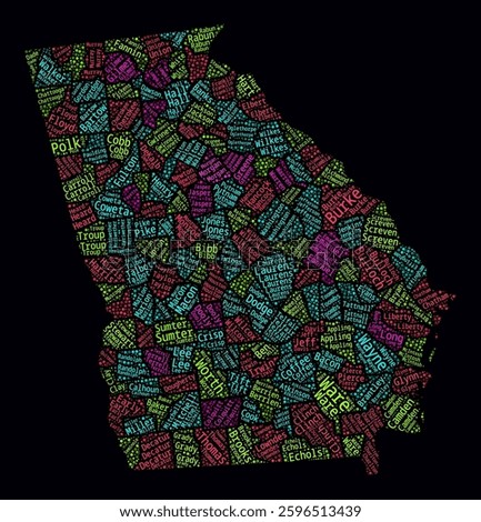 Georgia Word Cloud. Bright neon style design on dark background. Region names text cloud. Boundary shape with administrative division. Classy vector illustration.