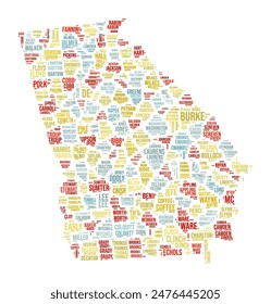 Georgia Word Cloud. State shape with county division. Georgia typography style image. County names tag clouds. Vector illustration.