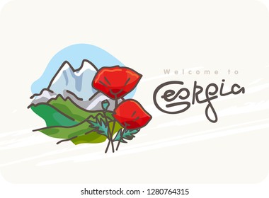 Georgia  World travel  Decorative Text  North Caucasus: Panoramic view  Poster  postcard  calendar  Red poppies background mountains 