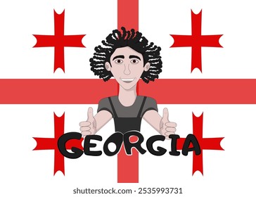 Georgiano (personaje). Georgia. País libre, independiente y hermoso. Ilustración de un georgiano en el fondo de la bandera nacional. Bandera