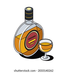 Georgian Cognac Bottle Glass. Vector 3d sketch line isometric, color icon illustration, flat style. Creative design idea and elements for infographics and website.