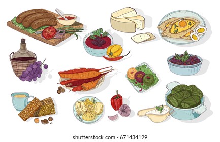 Georgian cuisine. Different dishes. Hand drawn colorful vector illustration.