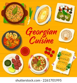 Georgian cuisine meals menu cover template. Eggplant satsivi, beef cabbage soup and lamb basturma, soup Kharcho, Dolma with vegetable, sulguni salad and satsivi sauce, bread Khachapuri, Chakhokhbili