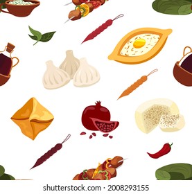 Georgian cuisine Menu Seamless Pattern.Asian Traditional Food Endless Background.Different dishes Textile Print.Adjarian khachapuri,khinkali,shashlik,dolma.Flat Vector illustration on white background