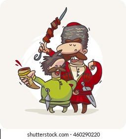 Georgian cuisine. Two Caucasus characters from the cartoon. Men with a barbecue and wine.