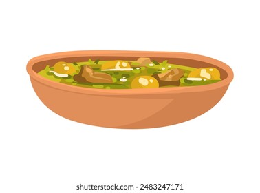 Georgian dish Chakapuli, herb-filled spring stew with lamb and local greens in flat style. Vector illustration isolated on white background