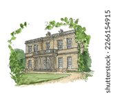Georgian English country house. Wedding venue, stone, estate, mansion, foliage. Watercolor sketch illustration. Isolated vector.