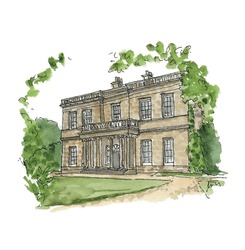 Georgian English Country House. Wedding Venue, Stone, Estate, Mansion, Foliage. Watercolor Sketch Illustration. Isolated Vector.