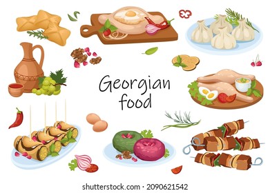 Georgian food elements isolated set. Bundle of traditional dishes of Georgia - khachapuri in bread, khinkali, flat cakes, barbecue, desserts, wine and other. Vector illustration in flat cartoon design