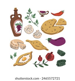 Georgian food elements isolated set. Bundle of traditional dishes of Georgia - khachapuri in bread, khinkali, flat cakes, wine and other. Vector illustration in flat cartoon design