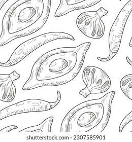 Georgian food vector seamless pattern with dishes of Georgian cuisine. Line art, sketch style. Khachapuri, khinkali and pepper.