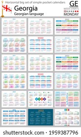 Georgian horizontal Big set of pocket calendars for 2022 (two thousand twenty two). Week starts Monday. New year. Color simple design. Vector