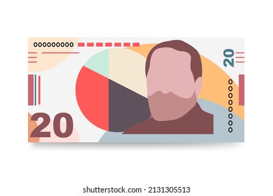 Georgian Lari Japan Yen Vector Illustration. Georgia money set bundle banknotes. Paper money 20 GEL. Flat style. Isolated on white background. Simple minimal design.