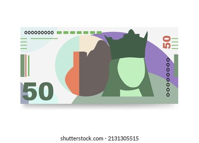 Georgian Lari Japan Yen Vector Illustration. Georgia money set bundle banknotes. Paper money 50 GEL. Flat style. Isolated on white background. Simple minimal design.