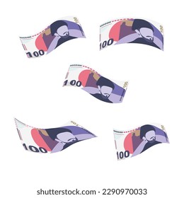 Georgian Lari Vector Illustration. Georgia money set bundle banknotes. Falling, flying money 100 GEL. Flat style. Isolated on white background. Simple minimal design.