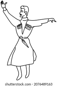 Georgian man dancing in a national costume, with a dagger on his belt. A mustachioed highlander. A simple drawing, digital line art