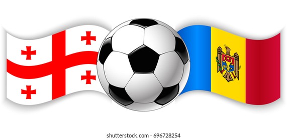 Georgian and Moldovan wavy flags with football ball. Georgia combined with Moldova isolated on white. Football match or international sport competition concept.
