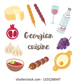 Georgian national cuisine. Adjarian kchachapuri, khinkali, barbeque, churchkhela, wine and cheese. Food illustration vector