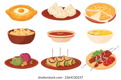 Georgian national dishes. Menu in a Georgian restaurant. Classic dishes for lunch and dinner. Vector illustration