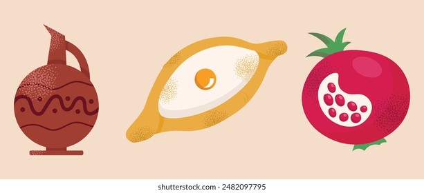 Georgian national dishes. Menu in a Georgian restaurant. Khachapuri, khinkali, dumplings, wine, pomegranate, dish. Classic dishes for lunch and dinner. Vector illustration isolated on background