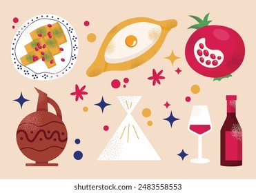 Georgian national dishes. Menu in a Georgian restaurant. Khachapuri, khinkali, dumplings, wine, pomegranate, dish. Classic dishes for lunch and dinner. Vector illustration isolated on background