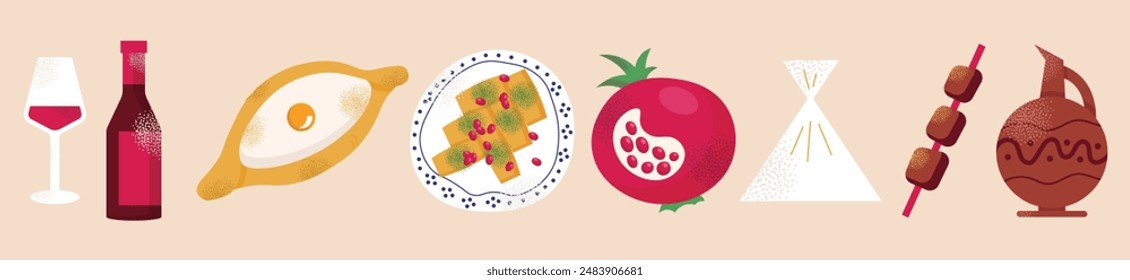 Georgian national dishes. Menu in a Georgian restaurant. Khachapuri, khinkali, dumplings, wine, pomegranate, dish. Classic dishes for lunch and dinner. Vector illustration isolated on background