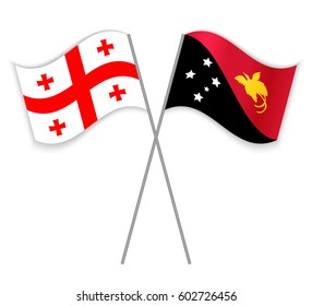 Georgian and Papuan crossed flags. Georgia combined with Papua New Guinea isolated on white. Language learning, international business or travel concept.