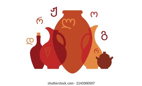 Georgian pottery with alphabet letters. Old ceramic vase, jar, wine amphora qvevri. Georgian scripts, Mkhedruli language. Traditional georgian clay pots, jugs and Kvevri vessel. Isolated vector.