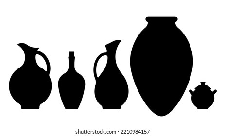 Georgianische Töpferei, schwarze Silhouette. Alte Keramikvase, Glas, Wein amphora qvevri. Traditionelle georgische Tontöpfe, Krüge und Kvevri Schiff. Einziger Vektor. 