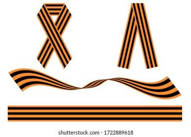 Conjunto vectorial de cinta georgiana: recto, lazo, curva. Cinta negra y naranja aislada sobre fondo blanco. Ilustración de las acciones para el Día de la Victoria. 