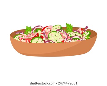Georgian salad with tomatoes, cucumbers and walnuts in flat style. Vector illustration