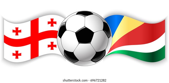 Georgian and Seychellois wavy flags with football ball. Georgia combined with Seychelles isolated on white. Football match or international sport competition concept.