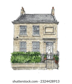 Georgian stone house, white door, Scottish home, railings, street view. Watercolor sketch illustration. Isolated vector.