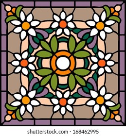 Georgian style, floral symmetric composition, vector illustrations in stained glass window